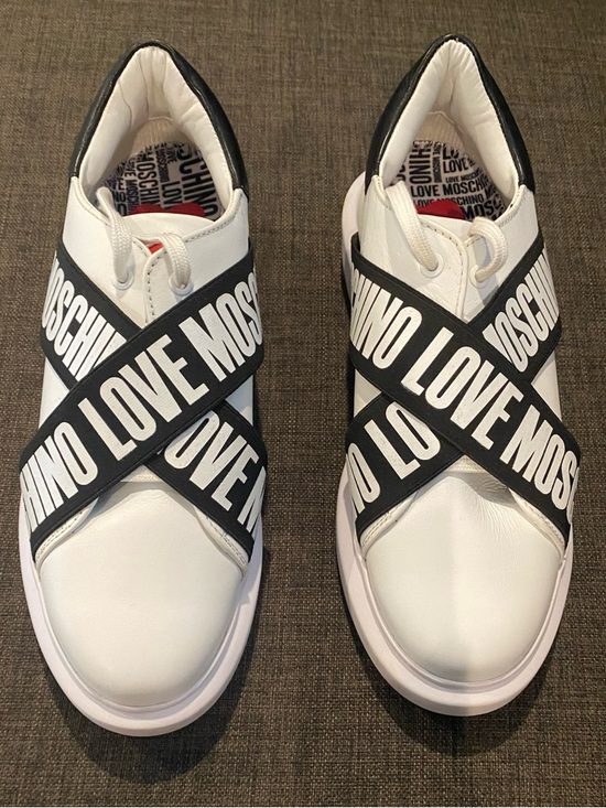 Love Moschino Shoes - Love Moschino White and Black Logo Strap Sneakers NWOT size 9 Italian Luxe!